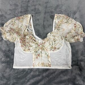 Sheer Floral Embroidered  Vintage Slip Top in Ivory with Pink Roses